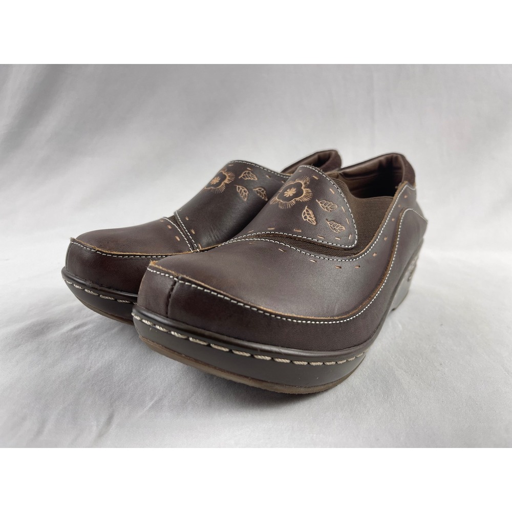 Spring Step L'Artiste Womens 39 Brown Floral Embroidered Leather Wedge Clogs
